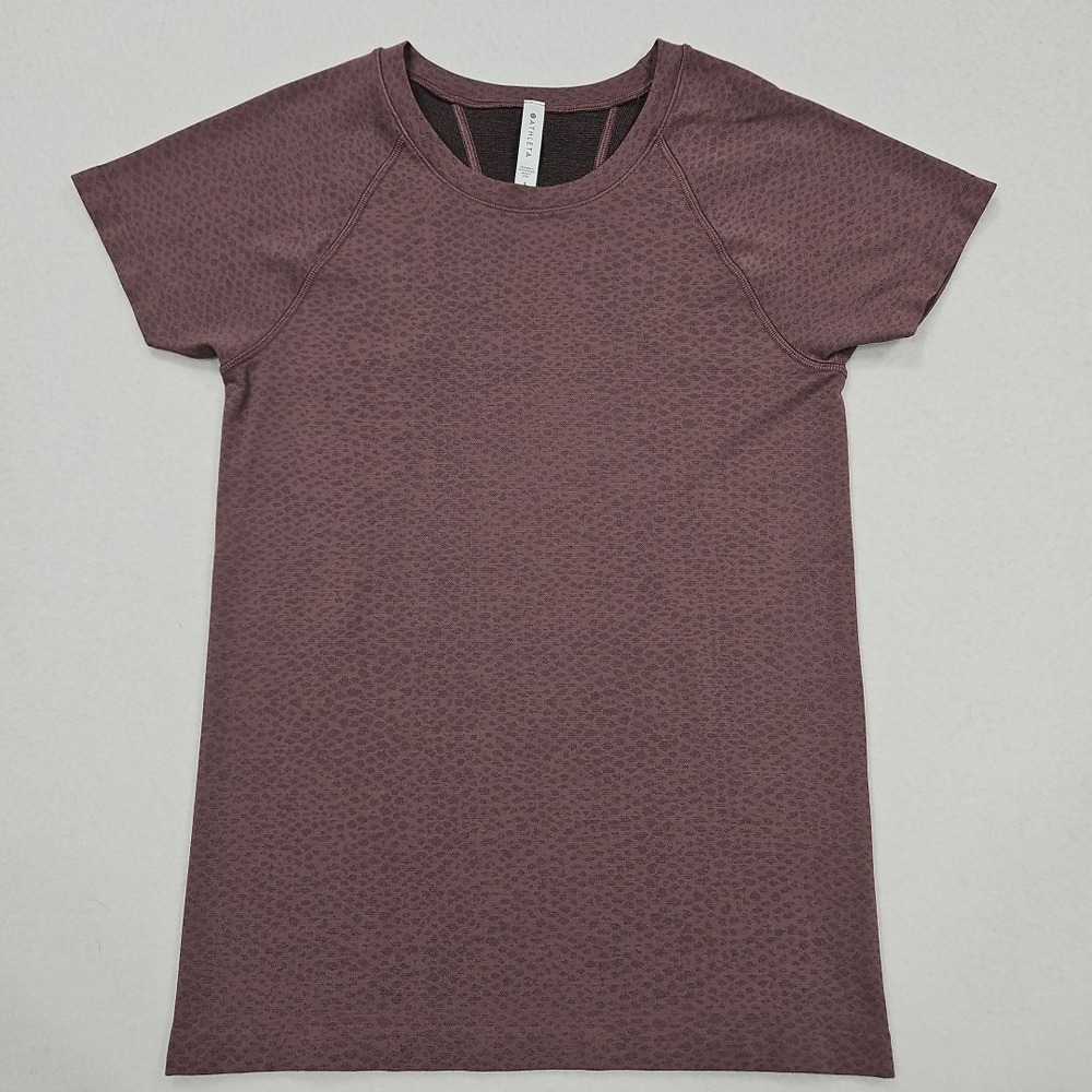 Athleta Momentum Printed Tee Small Purple Seamless Fitted Activewear Workout Gym